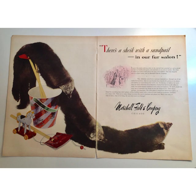 Noted Marshall Field & Company department store, Chicago ad shows mink stoles and a child's pail and sand shovels for...