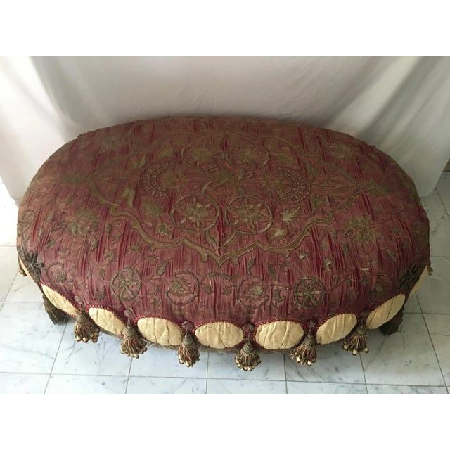 Palatial Distressed Gold Bullion Burgundy Oval Ottoman For Sale In Detroit - Image 6 of 11