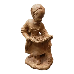 1950's Italian Borghese Girl Gathering Flowers Chalkware Sculpture by Salienne