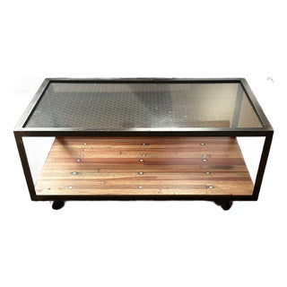 Industrial Custom Made Metal and Chicken Wire Glass Coffee Table on Casters For Sale