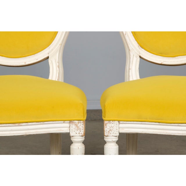 French French Louis XVI Style Painted Side Chairs in Lemon Velvet - A Pair For Sale - Image 3 of 12