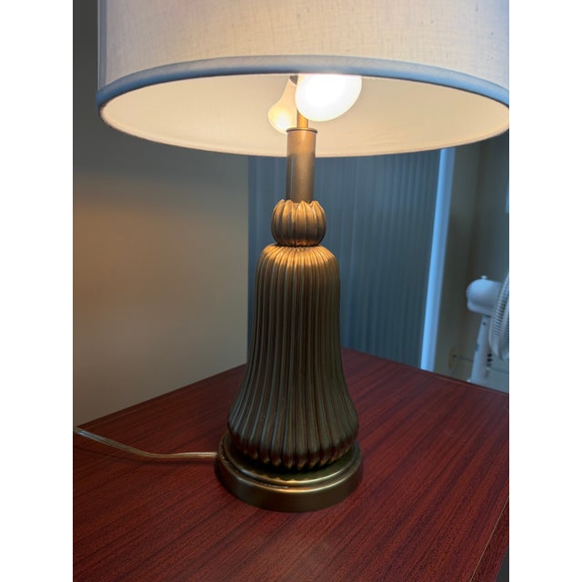 Art Deco Art Deco Fluted Brass Table Lamp With Linen Shade For Sale - Image 3 of 8
