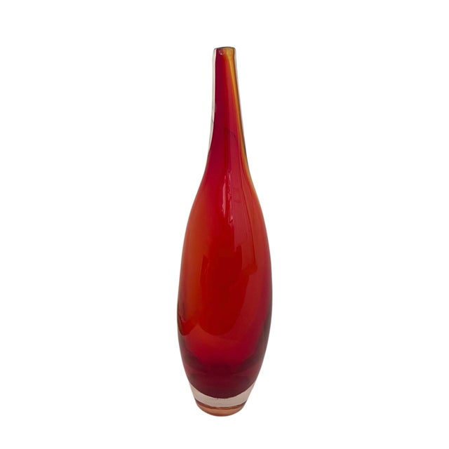 The Floris Meymdam Leerdam Art Glass Vase from 1950 features a stunning red and yellow color scheme, typical of Mid-...