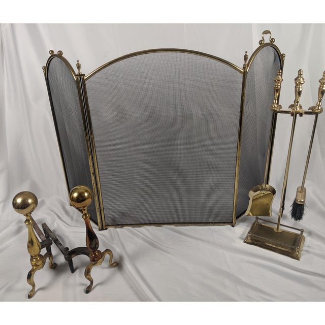 Vintage Brass Fireplace Ensemble With Folding Screen, Andirons & Fire Tools For Sale - Image 10 of 18