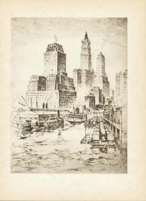 "Three Giants" (Barclay–Vesey, Woolworth, Transportation Buildings) 1939 Etching by Anton Schutz