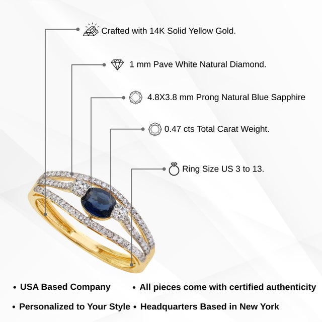 14k Yellow Gold Blue Sapphire & Diamond Split Shank Modern Ring Size 5.5 For Sale - Image 12 of 16