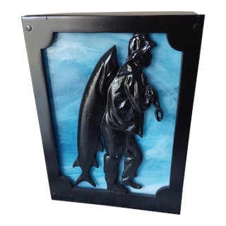 Vintage Wall Sconce, Lamp, Light With Fisherman, Stained Glass For Sale