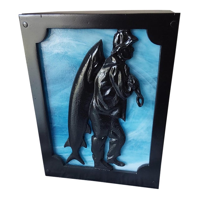 Vintage Wall Sconce, Lamp, Light With Fisherman, Stained Glass For Sale