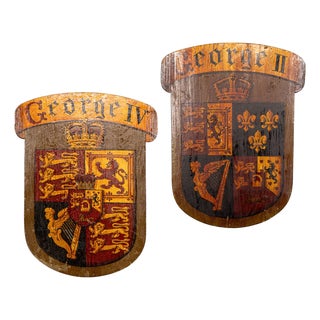 Antique English Hand-Painted King George II and King George IV Heraldic Shields, 18th Century, Set of 2 For Sale