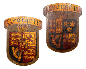 Antique English Hand-Painted King George II and King George IV Heraldic Shields, 18th Century, Set of 2