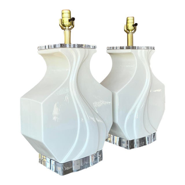 Vintage Boho Glazed Ceramic Wave Lamps - A Pair For Sale