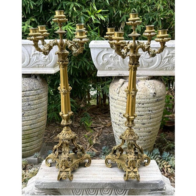 French Exceptional Pair of French Restoration Period Gilt Bronze 5-Light Candelabras France, Circa 1830 For Sale - Image 3 of 18