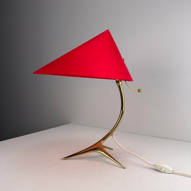 Table Lamp with Golden Crows Foot and Newly Upholstered Red Silk Shade by J. T. Kalmar, 1950s For Sale - Image 9 of 14