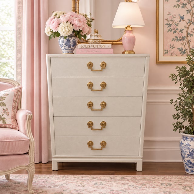 Offered is a 1950s era dresser by Landstrom Furniture. This solid mahogany piece features a classic antique white finish,...
