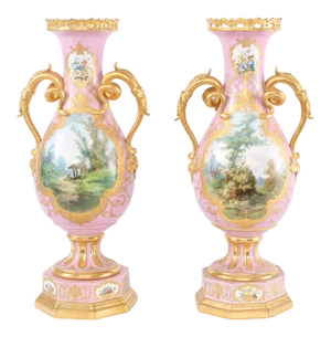 19th Century Gilt Porcelain Decorative Urns / Vases - a Pair