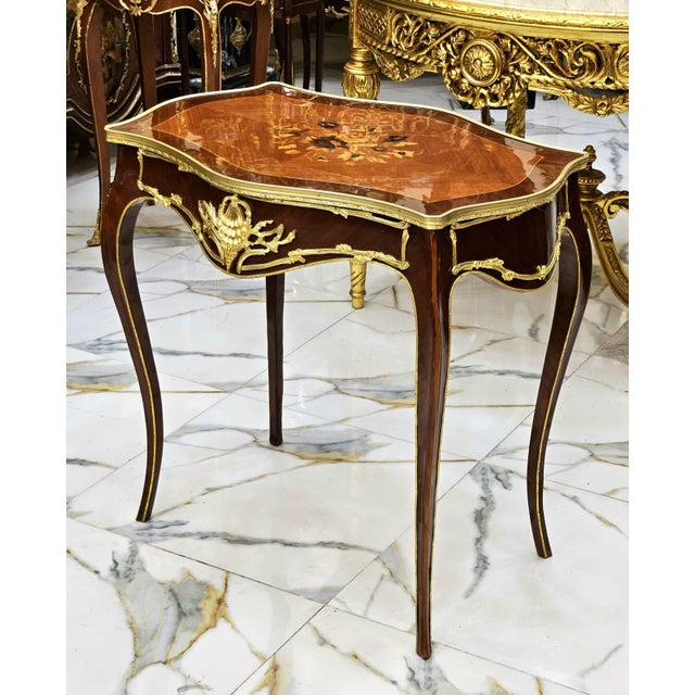 Italian Louis XV Floral Marquetry Side Table With Gold Leaf Accents & Elegant Cabriole Legs For Sale - Image 4 of 6