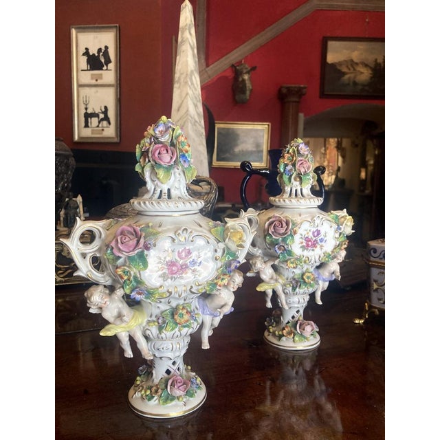 19th Century Capodimonte Polychrome Porcelain Incense Burners Vases with Flowers and Winged Cherubs, Set of 2 For Sale - Image 17 of 18