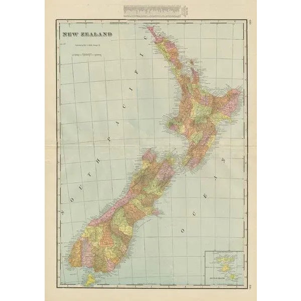 Antique map titled 'New Zealand'. Large map of New Zealand with a small legend of the Chatham Islands. On the verso, a map...