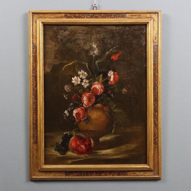 Italian Artist, Still Life with Flowers and Fruit, 1700s, Oil on Canvas, Framed For Sale - Image 10 of 10