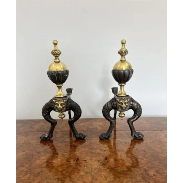Mid 19th Century Antique Victorian Brass and Iron Fire Dogs, 1860, Set of 2 For Sale - Image 5 of 6