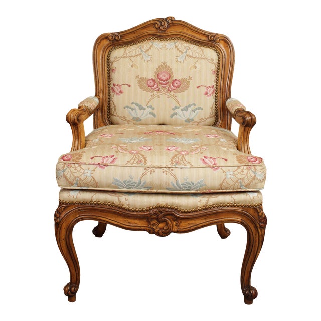 Italian Rococo Style Custom Upholstered Carved Walnut Armchair For Sale