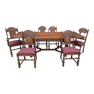 Early 20th Century Jacobean Draw Leaf Table - Solid Oak Wood Made in England, Set of 7 For Sale