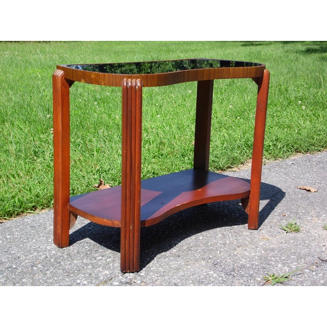 Vintage Art Deco Cobalt Blue Mirror Glass Side Table Walnut End Table