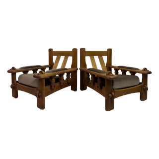 Brutalist Oak Chairs with Slatted Backs, 1960s, Set of 2 For Sale