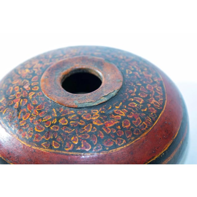 Oxblood Red Vintage Asian Red and Black Painted Wooden Round Lidded Box With Metal Ring Handle For Sale - Image 8 of 17