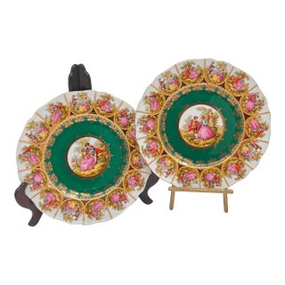 Vintage Fragonard Love Story Plates, Royal Vienna Bavarian Porcelain, Green & Gold - Set of 2 For Sale