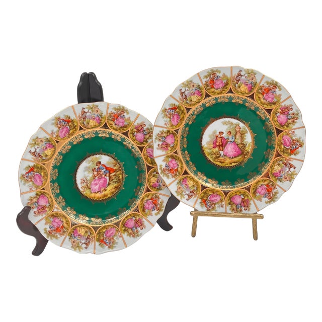 Vintage Fragonard Love Story Plates, Royal Vienna Bavarian Porcelain, Green & Gold - Set of 2 For Sale
