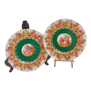 Vintage Fragonard Love Story Plates, Royal Vienna Bavarian Porcelain, Green & Gold - Set of 2