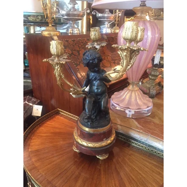 Transitional 19th Century French Rouge Marble & Bronze Cherub Candle Holder For Sale - Image 3 of 12