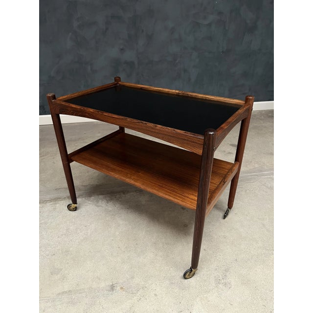 Rosewood Rolling Cart with Black Formica Top, 1960s For Sale - Image 4 of 9