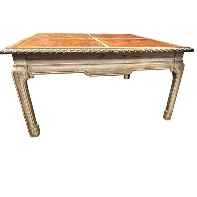 Baker Furniture Company Baker Furniture Company 1940s Vintage Tooled Leather and Cerused Oak Cocktail Table - Rare Find! For Sale - Image 4 of 6