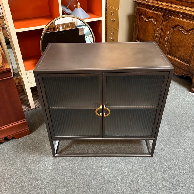 Contemporary Reeded Glass + Metal Two-Door Cabinet | Chairish