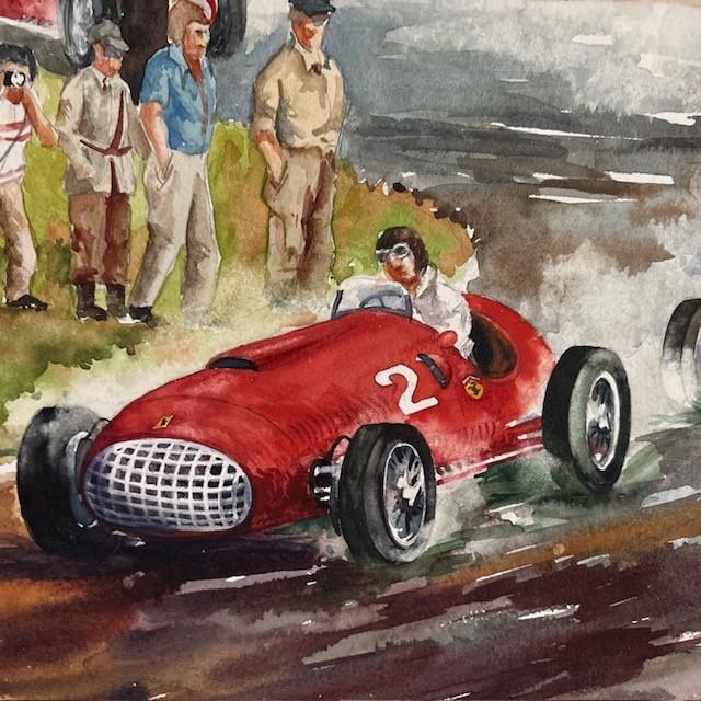 Super cool watercolor landscape painting by Leonard Williams, circa 2002. Bright colors depict the Pena-Rhin Grand Prix...