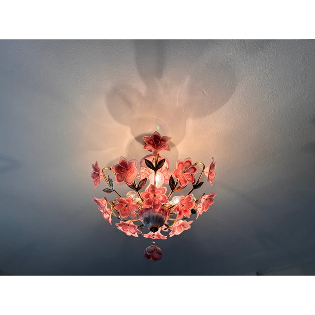 1980s Italian Pink Murano Style Glass Floral Chandelier – Hand-Painted Porcelain & Brass Ceiling Light For Sale - Image 13 of 18