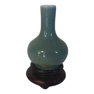 Antique Late 19th Century Chinese Blue Green Bottle Shape Vase on Carved Wood Stand