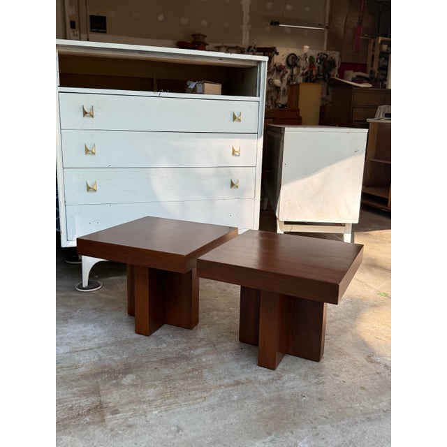 Mid-Century Modern 1960s Walnut Cruciform Side Tables Attributed to Milo Baughman, Pair For Sale - Image 3 of 12