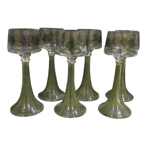 Antique Theresienthal Set of 6 Hand Enameled Roemer / Hock Wine Glasses With Uranium Glass Stems - Hans Christiansen 1900s