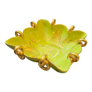 1950s Gio Ponti Style Green and Gold Ceramic Italian Square Bowl by Essepi For Sale