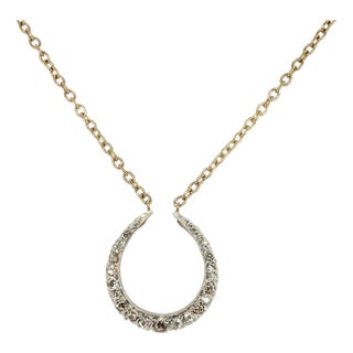 Antique Victorian 14k Gold & Rose‑Cut Diamond Horseshoe Pendant Necklace For Sale