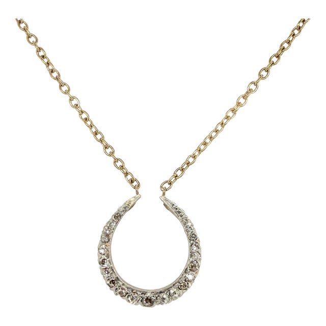 Antique Victorian 14k Gold & Rose‑Cut Diamond Horseshoe Pendant Necklace For Sale