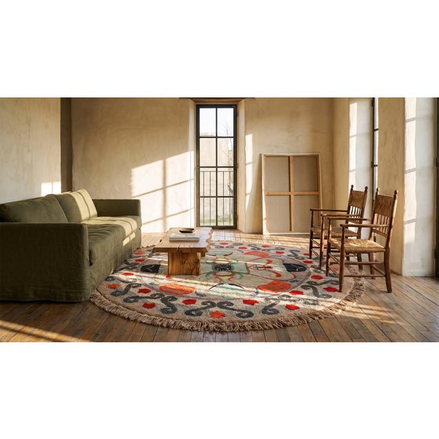 1920s Gray Medallion Round Folk Art Antique American Hooked Rug 6'2" X 6'5" Handknotted Wool Carpet For Sale - Image 12 of 12