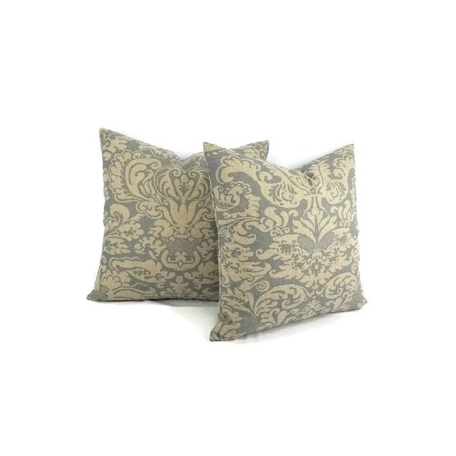 Traditional Dark Tan & Smokey Blue Damask Linen Print Pillow Cover For Sale - Image 3 of 6