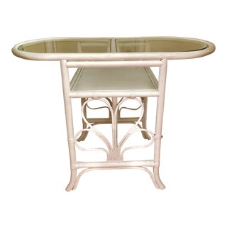 Vintage White Rattan Bamboo Bar Cart Table For Sale