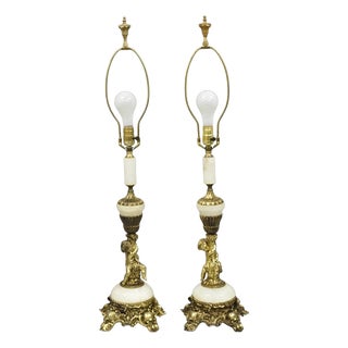 Vintage French Renaissance Rococo Alabaster & Brass Cherub Table Lamps - A Pair For Sale