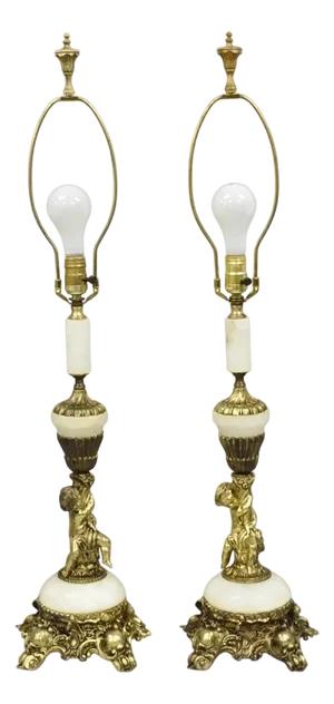 Vintage French Renaissance Rococo Alabaster & Brass Cherub Table Lamps - A Pair