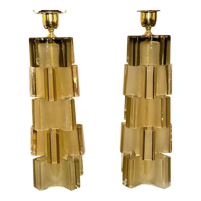 Pair of Murano Modernist Matte Gold Lamps For Sale